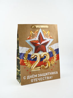 Цена за 2 шт. Пакет подарочный крафтовый 23 февраля, L 31 х 11.5 х 40 см