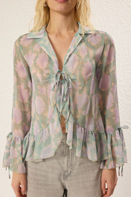 TRENDYOLMILLA Cok Renkli On Bedende Ve Kolda F?rf?r Detayl? Baglamal? Dokuma Gomlek TWOSS25GO00090  фото 7
