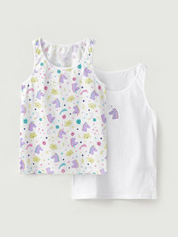 Bisiklet Yaka Bask?l? Pamuklu K?z ?ocuk Atlet 2li