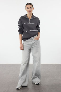 TRENDYOLMILLA Antrasit Nervur Detayl? Fermuarl? Yaka Oversize/Genis Kal?p Orme Sweatshirt TWOAW25SW00299  фото 2