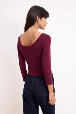 Bordo Fitted/Vucuda Oturan Havuz Yaka Ay Kol Truvakar Interlok Orme Bluz TWOSS26BZ00639