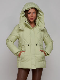 Зимняя женская куртка модная с капюшоном салатового цвета 52302Sl