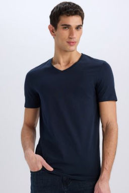 Slim Fit Dar Kesim V Yaka Basic Duz K?sa Kollu Tisort