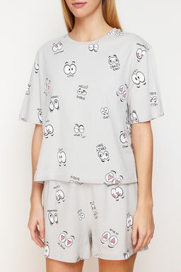 Trendyolmilla Gri %100 Pamuklu Eglence Desenli Sortlu Orme Pijama Tak?m? THMSS24PT00024  фото 4
