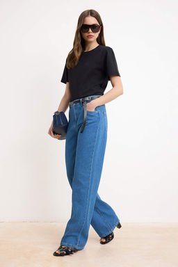 Koyu Mavi DOKUMLU Normal Bel %100 Pamuk Wide Leg Jeans TWOSS26JE00062 - Trendyolmilla фото 10