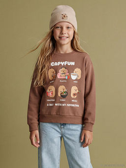Capyfun Bask?l? K?z ?ocuk Kal?n Sweatshirt