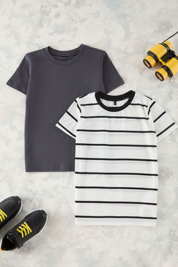 Antrasit-Ekru 2li Erkek Cocuk Basic-Cizgili Regular Kal?p K?sa Kol Orme T-Shirt TKDSS25TS00025 - Trendyolmilla фото 6