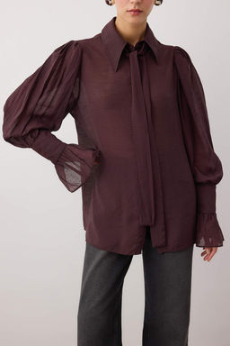 Bordo Baglama Detayl? Hafif Transparan Yumusak Hisli Boho Gomlek TWOAW26GO00111 - Trendyolmilla фото 13