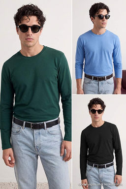 Ye_il - Siyah- Koyu Mavi Regular/Normal Uzun Kollu 3l_ Basic Paket T-Shirt TMNAW21TS0197