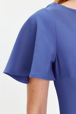 Indigo Fitted/Vucuda Oturan Volanl? Astarl? Midi Dokuma Elbise TWOSS20EL1342