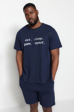 TRENDYOL MAN Buyuk Beden Lacivert Regular Fit Rahat Slogan Bask?l? Orme Sortlu Pijama Tak?m? TMNSS23PT00013 - Trendyolmilla фото 12