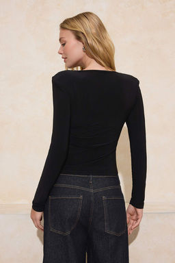 Siyah Fitted/Vucuda Oturan Asimetrik Yaka Uzun Kollu Esnek Orme Bluz TWOSS26BZ00243