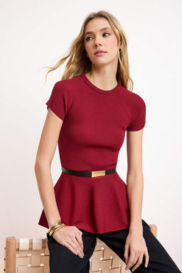 Bordo Dik Yaka Kemer Detayl? Fitted Triko Ince Bluz TWOSS26BZ00281 - Trendyolmilla фото 4