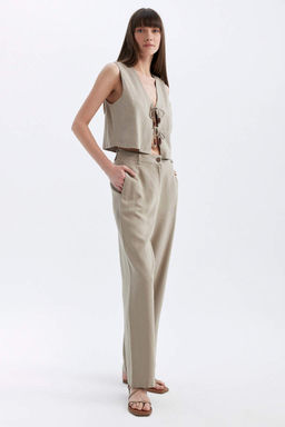 Широкие длинные брюки прямого кроя с карманами и высокой талией из смесового льна - Defacto фото 5