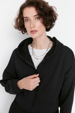 Siyah Basic Fermuarl? Kapusonlu Crop Kal?n Ici Polarl? Orme Sweatshirt TWOAW20SW0660