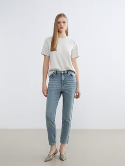 Beli Lastikli Mom Fit Kad?n Jean Pantolon