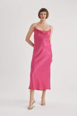 Атласное платье миди Bodycon с круглым вырезом и короткими рукавами - Defacto фото 5