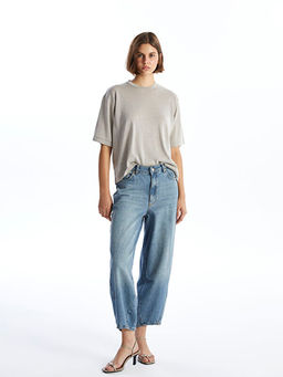 Bisiklet Yaka Parlak G?r?n?ml? K?sa Kollu Oversize Kad?n Triko Kazak