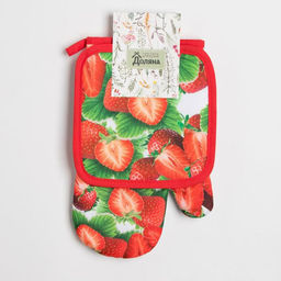 Кухонный набор Доляна Клубника вид 2, прихватка 17*17 см, рукавица 26*16 см,100% п/э  фото 4