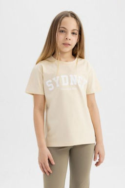 K?z Cocuk Bisiklet Yaka Bask?l? K?sa Kollu Tisort