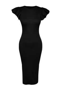 TRENDYOLMILLA Siyah Fitilli Kollar? Volanl? Bodycone/Vucuda Oturan Midi Esnek Orme Kalem Elbise TWOSS23EL01708  фото 6