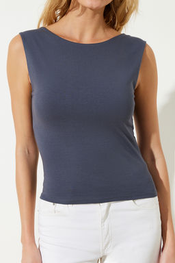 Trendyolmilla Siyah S?rt Dekolteli Fitted Regular Boy Pamuklu Esnek Orme Bluz TWOSS24BZ00031 фото 5