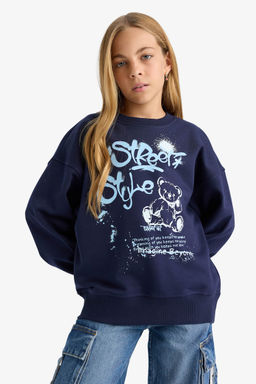 Oversize Geni_ Kal_p Bisiklet Yaka Bask_l_ Sweatshirt K_z _ocuk - Defacto фото 3
