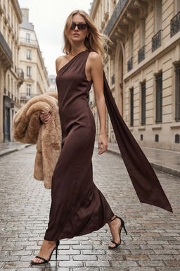 Kahverengi Dokuma Saten Midi Astars?z Elbise TPRAW26EL00135