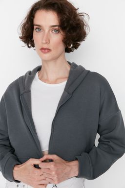 TRENDYOLMILLA Ekru Basic Fermuarl? Kapusonlu Crop Kal?n Ici Polarl? Orme Sweatshirt TWOAW20SW0660  фото 7