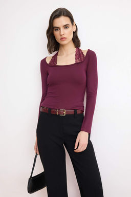 Bordo Fitted/Vucuda Oturan Havuz Yaka Uzun Kollu Yumusak Orme Bluz TWOSS26BZ00660