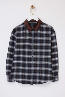 Kahverengi Ekoseli Yakas? Fitilli Oversize Kal?p Flanel Gomlek TWOSS26GO00038