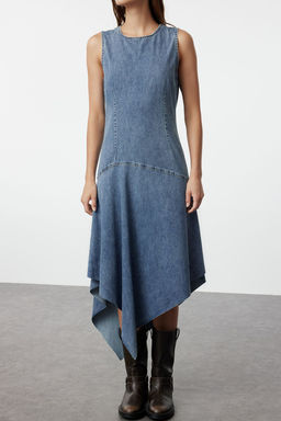 Mavi Dikis Detayl? Asimetrik Midi Denim Elbise TWOAW25EL00091 - Trendyolmilla фото 5