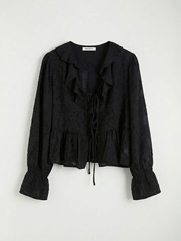 V Yaka Desenli F?rf?rl? Bluz