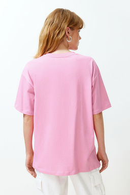 TRENDYOLMILLA Beyaz %100 Pamuk Kalp Slogan Bask?l? Oversize/Rahat Kesim Orme T-Shirt TWOSS24TS00139 фото 5