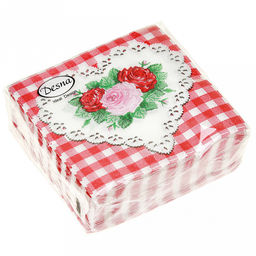 Салфетки бумажные "Desna Design" 24х24см, 1 слойные, 40 штук в упаковке, 100% целлюлоза, "Сердце и розы" (Россия)