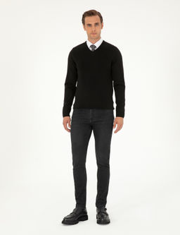 Siyah Slim Fit V Yaka Basic Triko Kazak - Pierre cardin фото 4