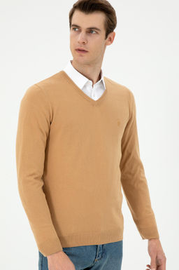 Erkek Slim Fit V Yaka Camel Basic Kazak - U.s. polo assn фото 3