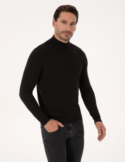 Siyah Slim Fit Pamuk Kar___ml_ Yar_m Bal_k__ Yaka Basic Triko Kazak