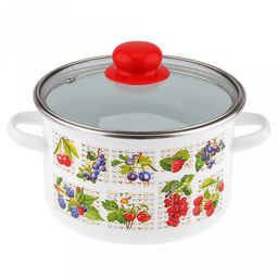 "Вкус лета" Кастрюля эмалированная 3л, д20см, h12,5см, цилиндрическая форма, металлическая крышка с пластмассовой ручкой-кнопкой, ободок из нержавеющей стали, белый (Россия)