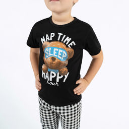 Пижама детская черная клетка принт мишка