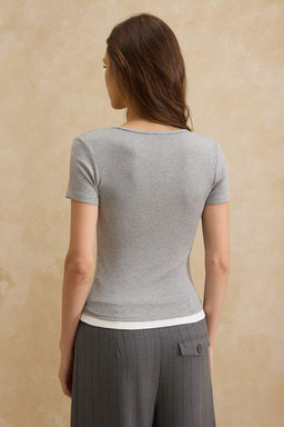 Gri melanj Renk Bloklu Fitted/Vucuda Oturan K?sa Kollu Premium Yumusak Orme Bluz TWOSS26BZ00099