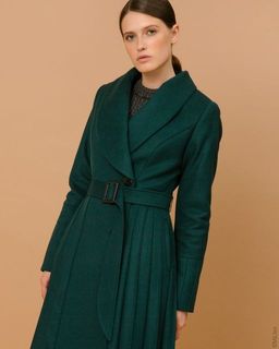Зимнее шерстяное пальто с юбкой гофре макси, изумрудное. Арт. 322у