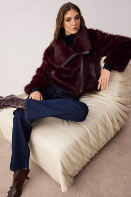 Bordo Oversize Kal?p Kurk Biker Ceket Mont TWOAW26MO00058