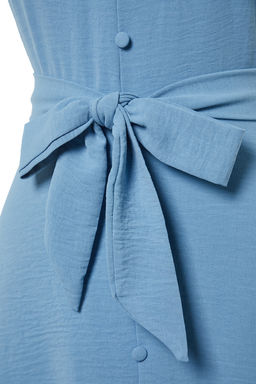 Indigo Kusakl? A-Kesim Volanl?Dugme Detayl? Dokuma Maxi Elbise TWOSS23EL02271