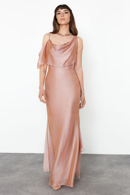 Pembe Carmen Yaka Dokuma Sifon Uzun S?k Abiye Elbise TPRSS24AE00137 - Trendyolmilla фото 3