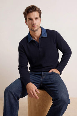 Lacivert Regular/Normal Kesim Dokulu Denim Yaka Detayl? Polo Yaka T-shirt TMNSS26PO00001