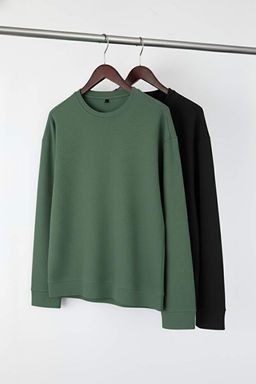 Siyah-Ye_il 2li Paket %100 Pamuk Uzun Kol Regular/Normal Kesim T-Shirt TMNAW24TS00001