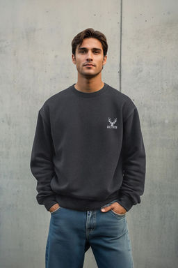 TRENDYOL MAN Antrasit Melanj Oversize/Genis Kesim Uzun Kol Hayvan Nak?sl? Sweatshirt TMNAW24SW00164