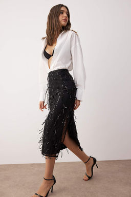 Siyah Sacakl? Payet Detayl? Midi Etek TPRAW26ET00009