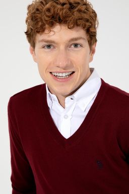 U. S. Polo Assn Мужской базовый трикотажный свитер бордового цвета с v-образным вырезом - U.s. polo assn фото 2